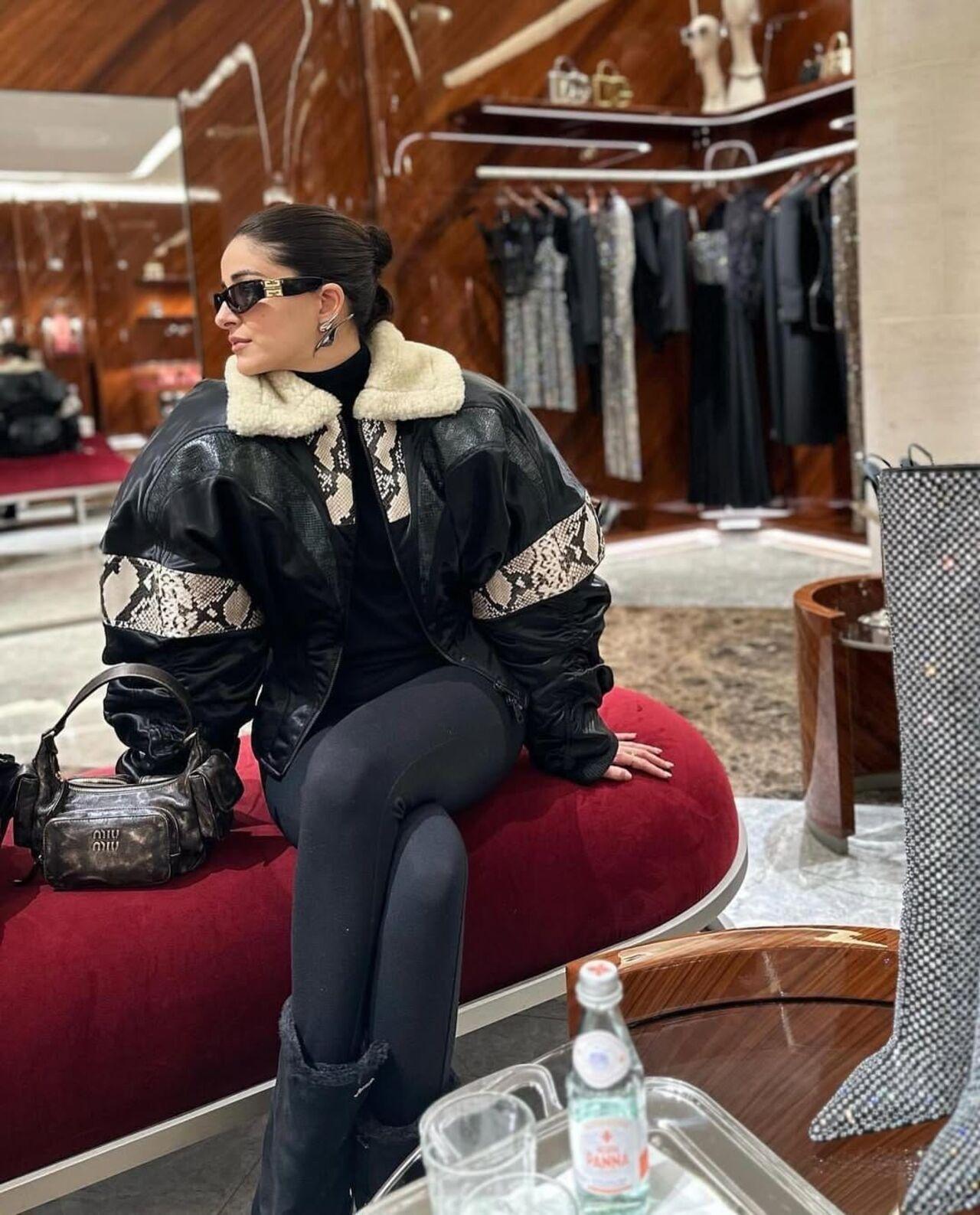 Ananya Panday’s winter wardrobe is all about style and glamour. The actress dons an oversized jacket with printed details along the sleeves and furry comfort along the collars, setting winter maximalism goals. 